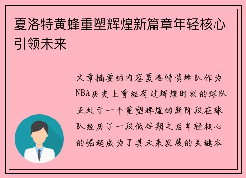 夏洛特黄蜂重塑辉煌新篇章年轻核心引领未来